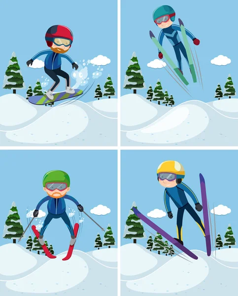 Four scenes with people skiing on mountain