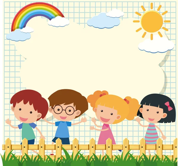 Πρότυπο σύνορα με τέσσερα παιδιά στον κήπο — Διανυσματικό Αρχείο