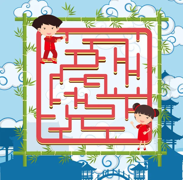 Puzzle-Spielvorlage mit zwei chinesischen Kindern — Stockvektor