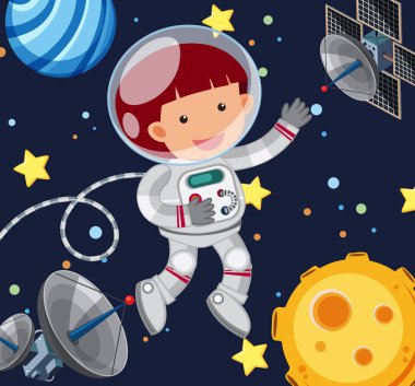 Astronot ve uzayda iki uydu anteni