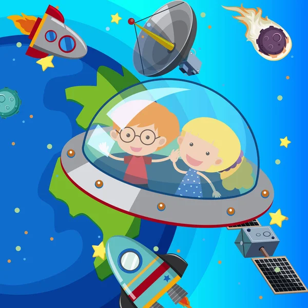 Dos niños volando en nave espacial — Vector de stock