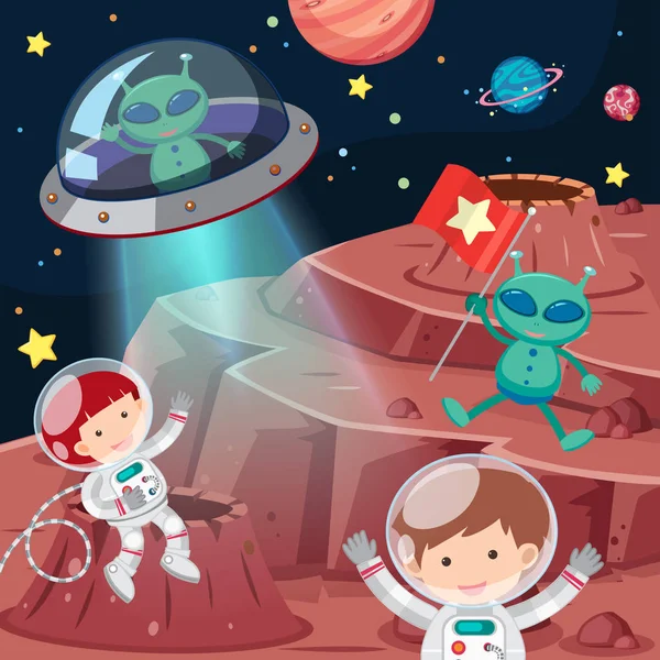 Astronauts and aliens exploring space — Stock Vector