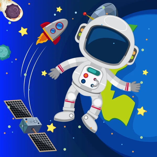 Astronauta y satélite en el espacio oscuro — Vector de stock