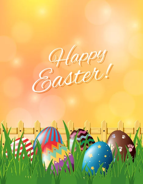 Ευτυχισμένο Πάσχα αφίσα με διακοσμημένα αυγά στον κήπο — Διανυσματικό Αρχείο