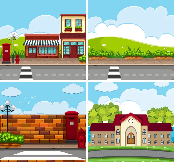 Cuatro escenas con edificios y carretera — Vector de stock