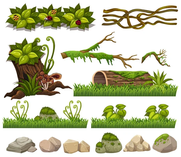 Eléments naturels avec herbe et rochers — Image vectorielle