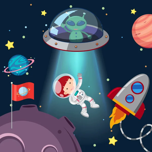 Astronauta y alienígena en la galaxia — Vector de stock