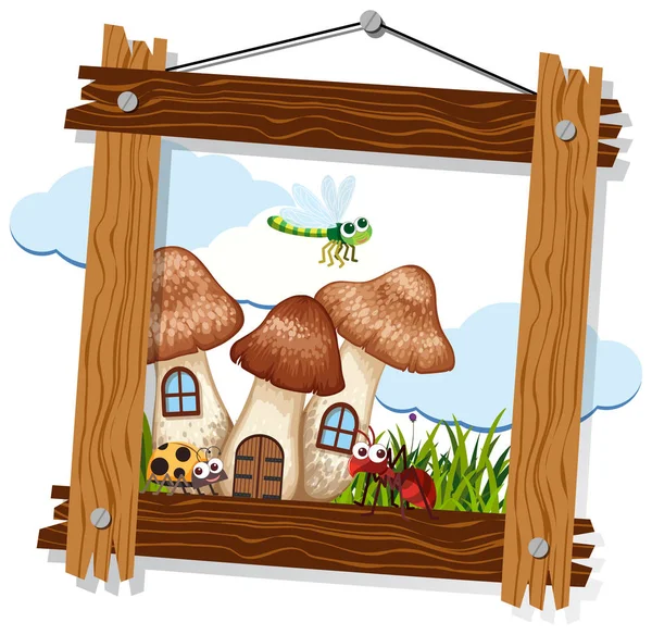 Bugs e casa de cogumelos em quadro de madeira — Vetor de Stock