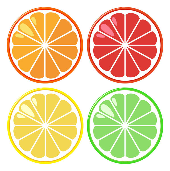 Four slices of oranges in four colors