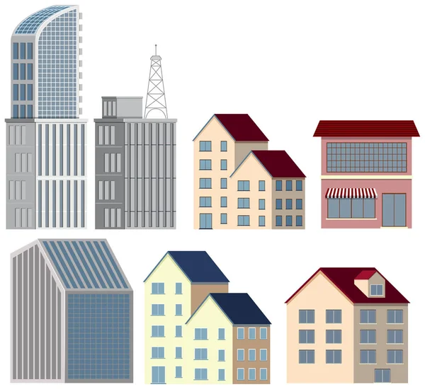 Viele Entwürfe von Gebäuden auf weißem Hintergrund — Stockvektor
