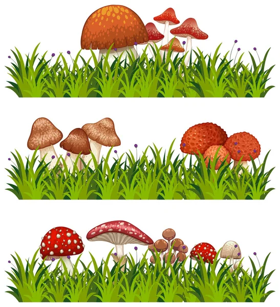 Três padrões de cogumelos e grama — Vetor de Stock