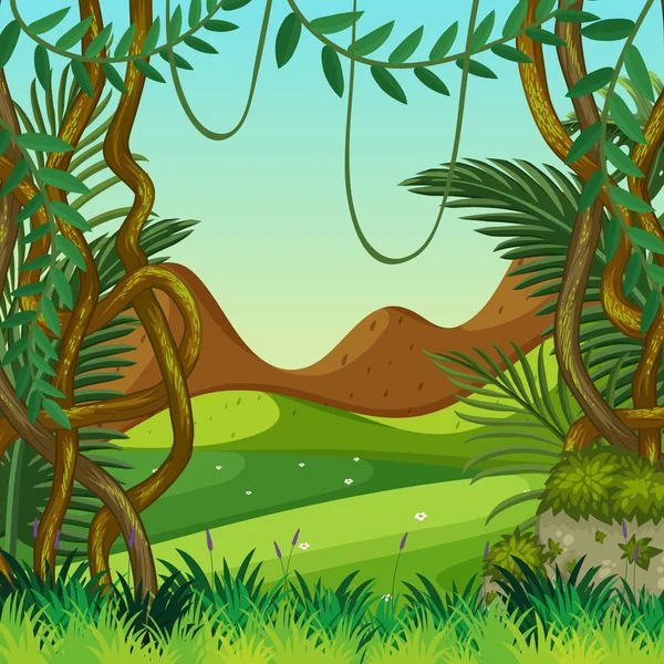 Achtergrond scène met veld en bergen — Stockvector