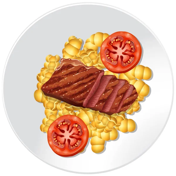 Стейк и макароны на тарелке — стоковый вектор