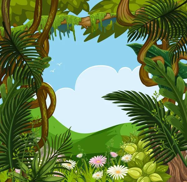 Scène de fond avec des fleurs et des arbres dans la forêt — Image vectorielle