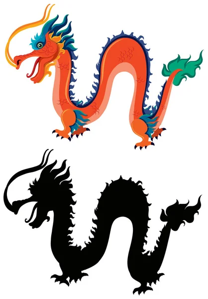 Dragón chino y silueta — Vector de stock