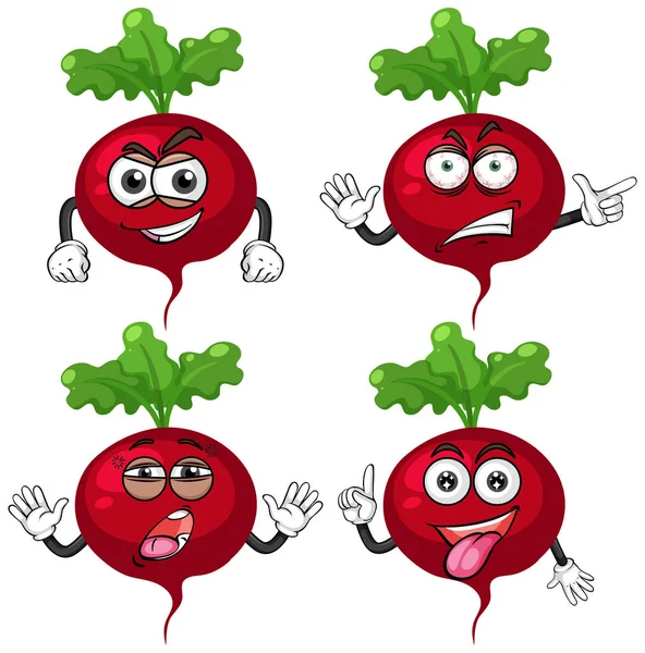 Radish with four different emotions — Stock Vector