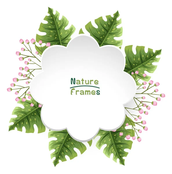 Modèle de bordure avec feuilles vertes et fleurs roses — Image vectorielle