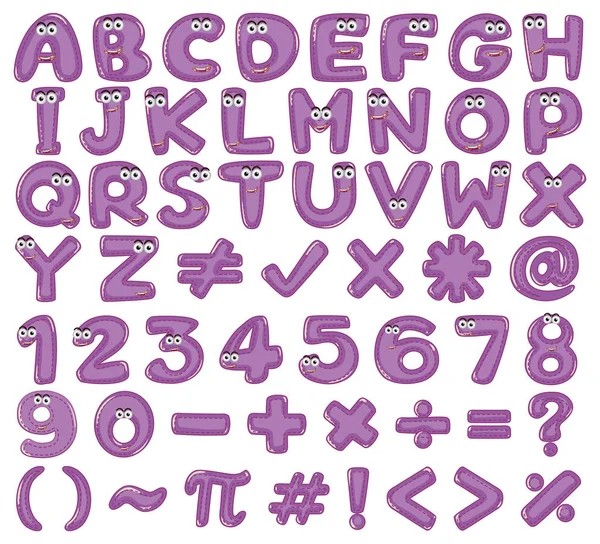 Englische Alphabete und Zahlen in lila — Stockvektor