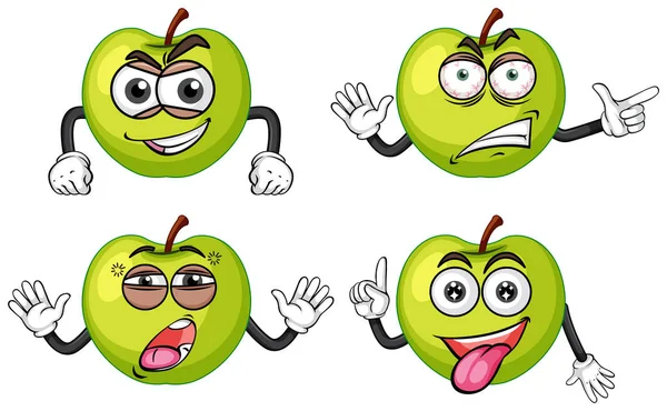 Green apples with four facial expressions — Stock Vector