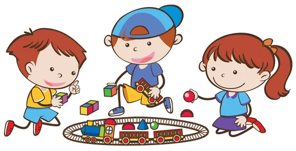 Трое маленьких детей играют в поезда — стоковый вектор