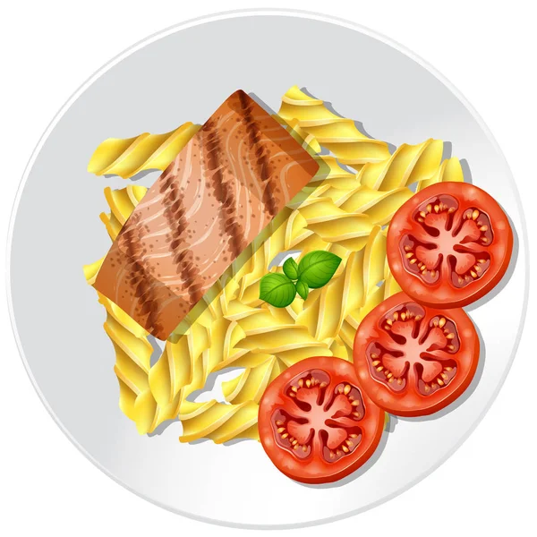 Steak z lososa a těstoviny s čerstvými rajčaty — Stockový vektor