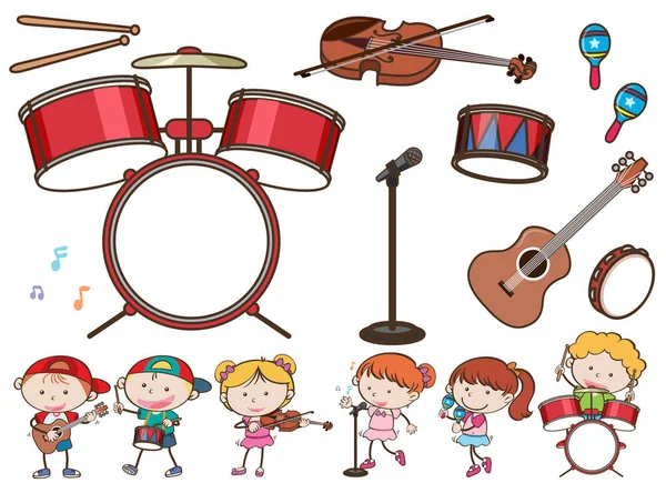 Diferentes instrumentos musicales y niños — Archivo Imágenes Vectoriales