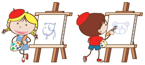 Dos niños dibujando sobre lienzo — Vector de stock