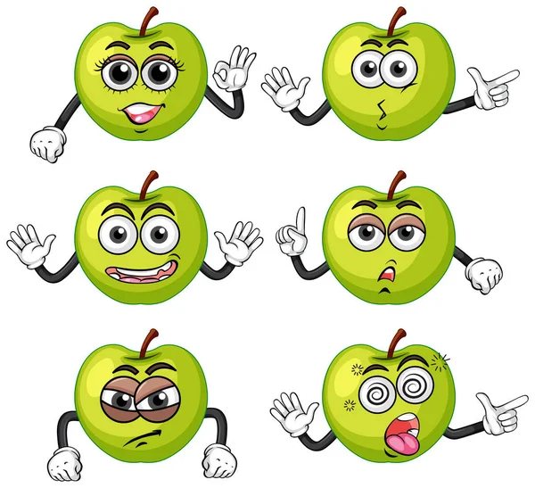Zielone jabłka z sześciu różnych emocji — Wektor stockowy