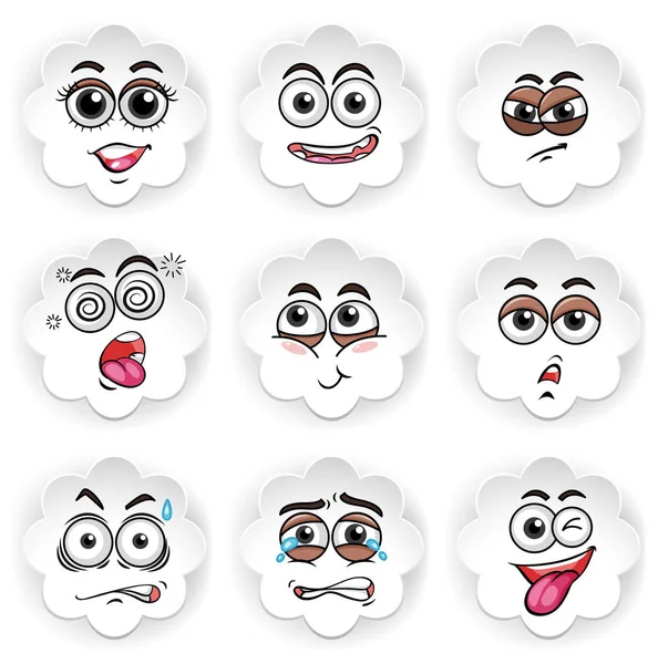 Nine facial expressions on round paper — Stock Vector