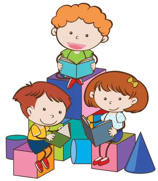 Troje dzieci, czytanie książek — Wektor stockowy