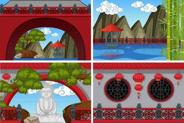 Four scenes of chinese temple with red walls