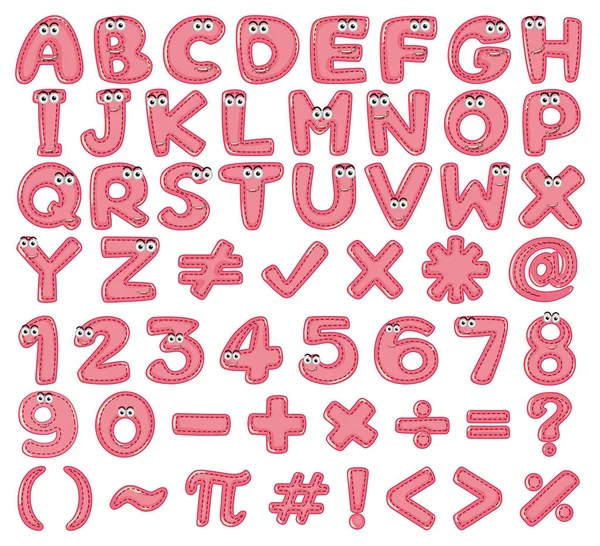 Schriftdesign für englische Alphabete und Zahlen in rosa — Stockvektor