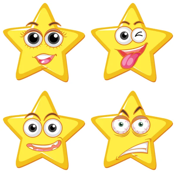 Gula stjärnor med fyra ansiktsuttryck — Stock vektor