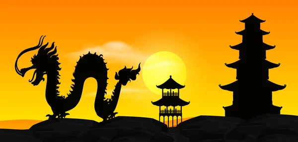 Hintergrundszene mit chinesischem Drachen bei Sonnenuntergang — Stockvektor