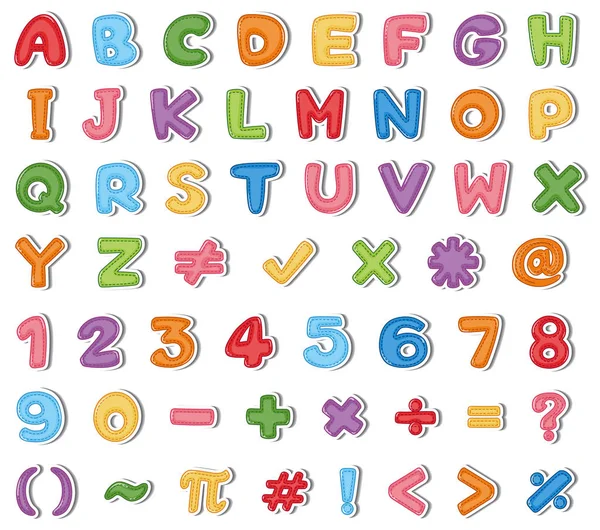 Schriftdesign für englische Alphabete und Zahlen in vielen Farben — Stockvektor