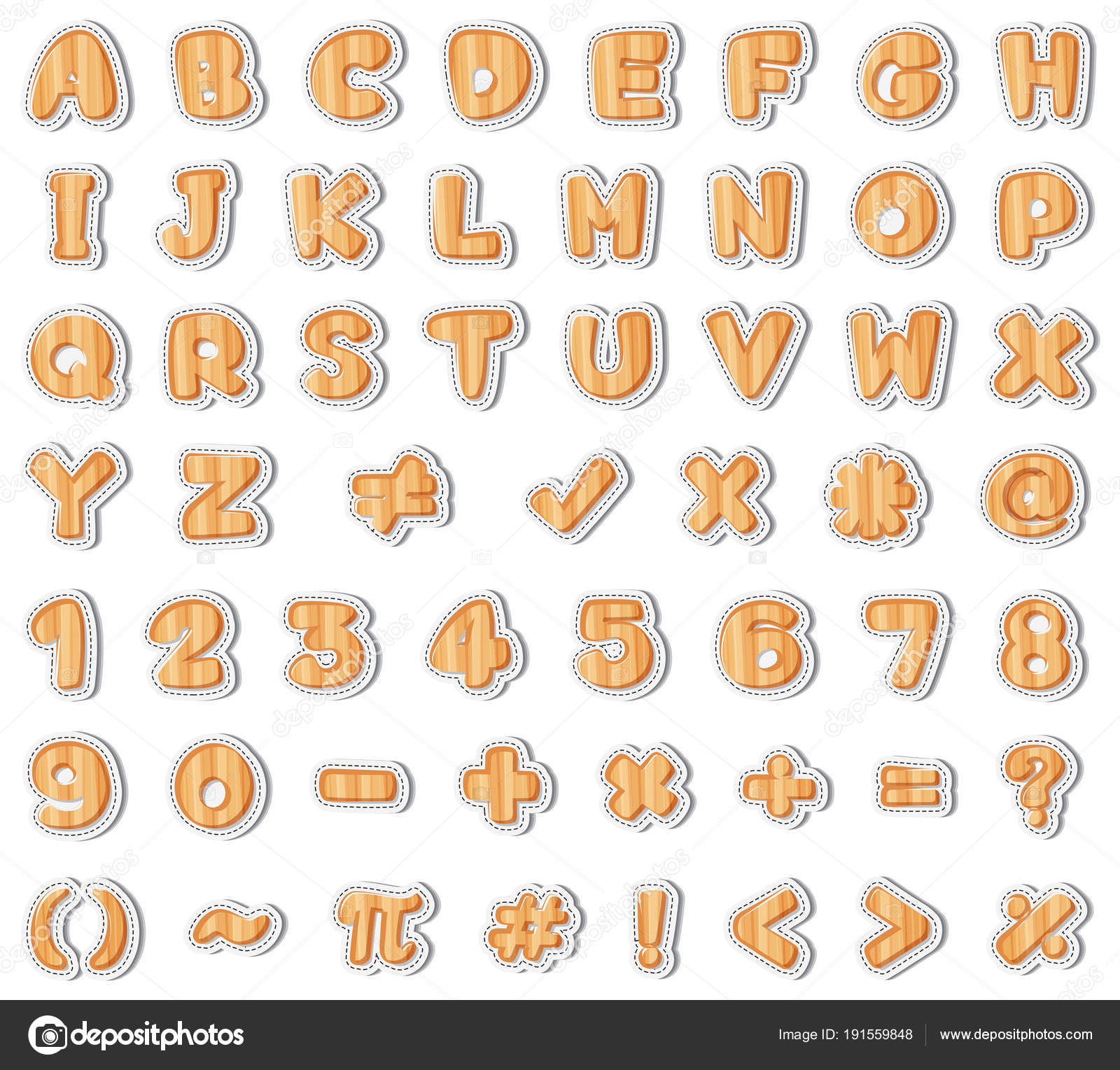Font design for english letters and numbers in wooden texture Stock