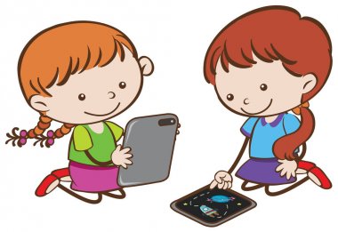 Tablet beyaz arka plan üzerinde oynayan kızlar