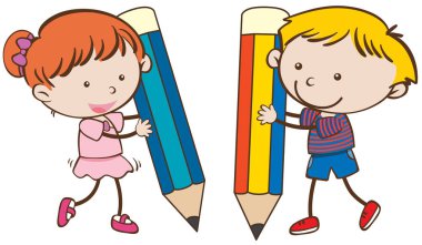 Erkek ve kız ile büyük kalemler yazma