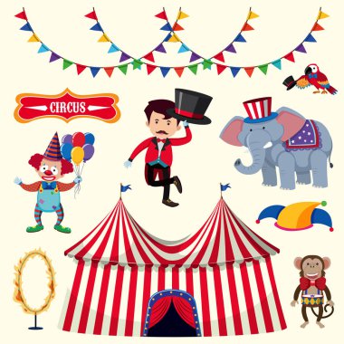 Eğitmen ve beyaz arka plan üzerinde birçok sirk hayvanları