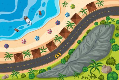 Plaj boyunca yolun havadan görünümü