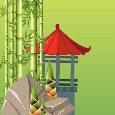 Köşk ve bambu ağaçları yeşil zemin üzerine