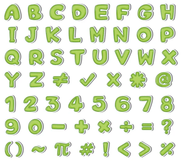 Font design for english alphabets and numbers in green color — Stock Vector