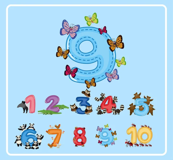 Diseño de la tarjeta para el número nueve con mariposas — Vector de stock