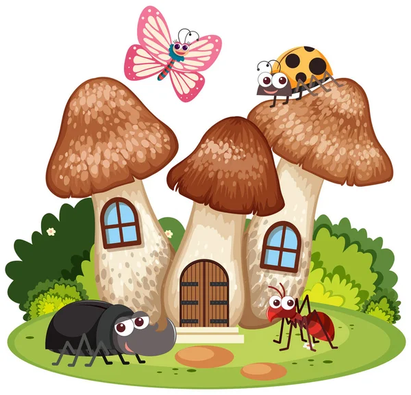 Muitos insetos vivem na casa do cogumelo — Vetor de Stock