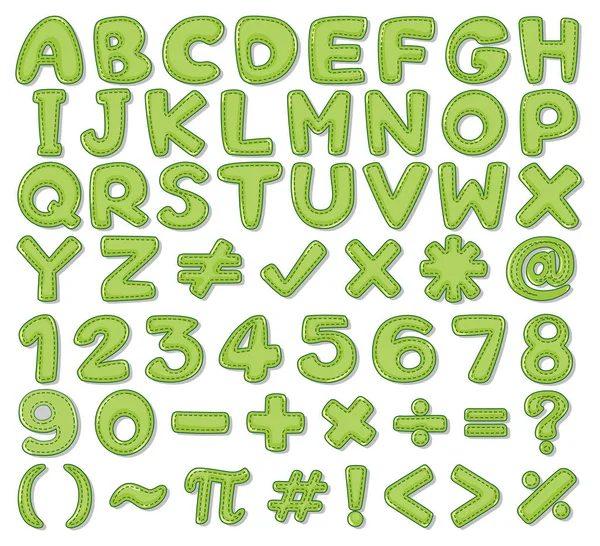 Font design for English alphabets and numbers in green — Stock Vector