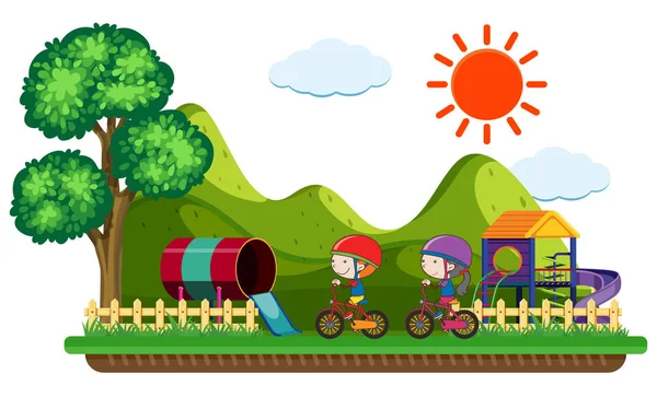 Dos niños montando en bicicleta en el parque — Vector de stock