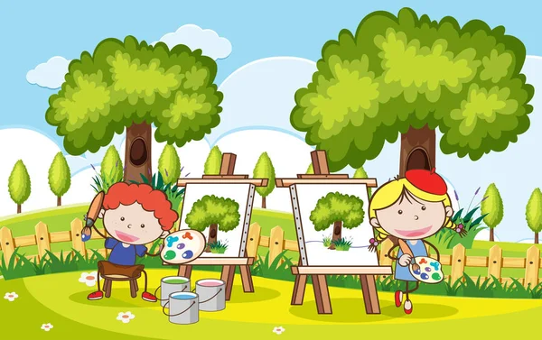 Bambini che si divertono a dipingere nel parco — Vettoriale Stock