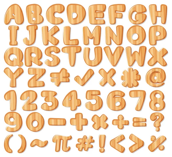 Projeto da fonte para alfabetos e números ingleses na textura da madeira — Vetor de Stock