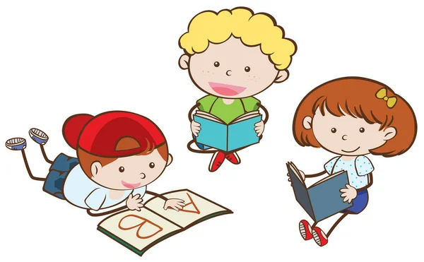 Tres niños leyendo libros sobre fondo blanco — Vector de stock