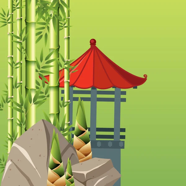 Pavillion and bamboo trees on green background